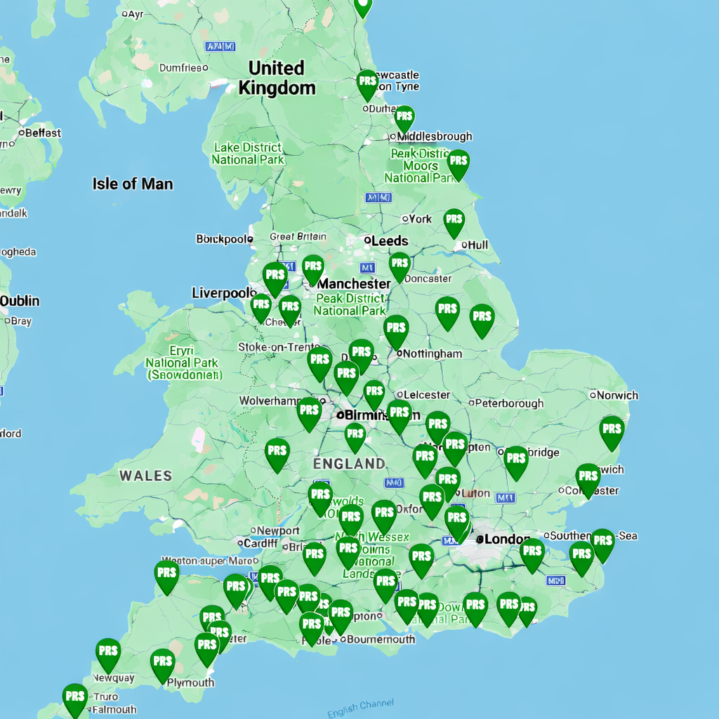 PRS Living coverage map showing national property management locations across England